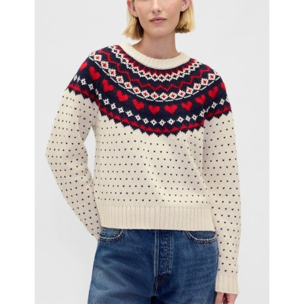 Gap Heart Fair Isle Raglan Sweater Cream Red Navy Blue Wool Blend Womens S